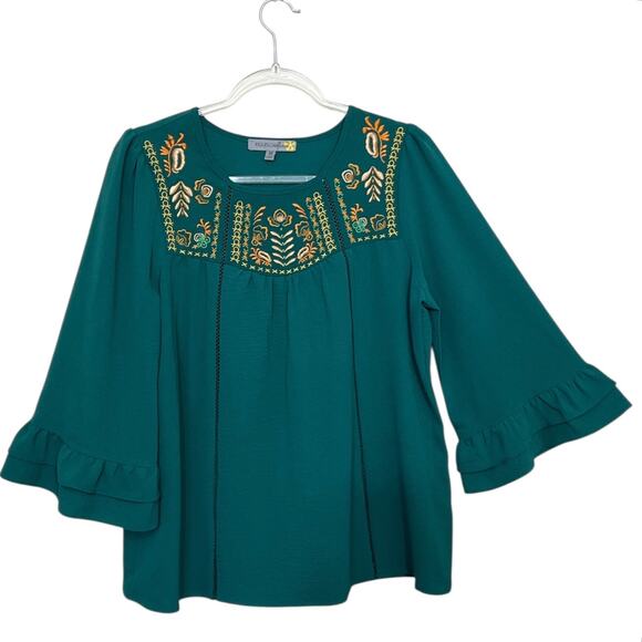 Figueroa & Flower Teal Embroidered Boho Peasant Blouse Size M Green Bell Sleeves - Picture 1 of 9